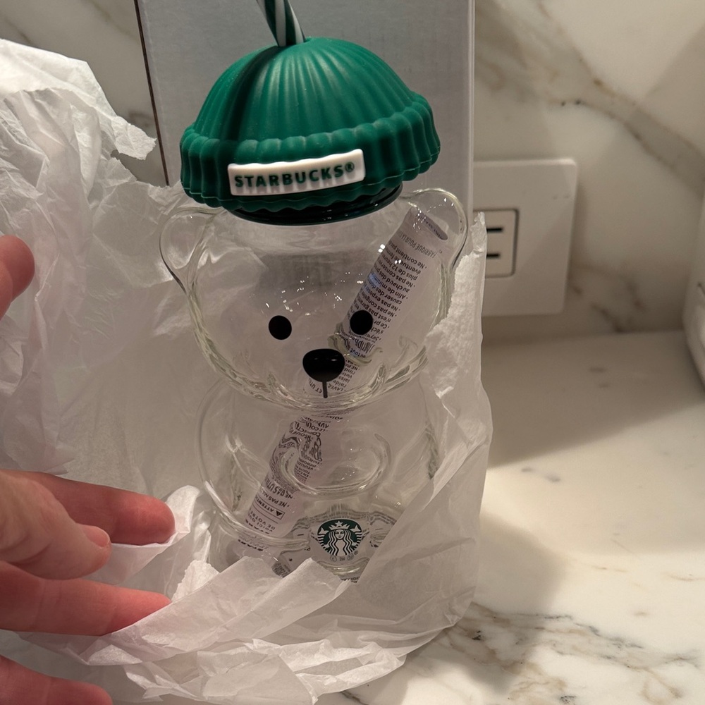 Starbucks Bear Glass with Green Lid nwt